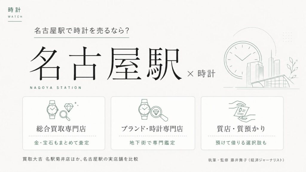 名古屋駅の時計買取おすすめ比較｜買取大吉 名駅菊井店ほか名古屋駅の実店舗を総合買取専門店・ブランド時計専門店・質店の業態別に解説するインフォグラフィック