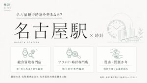 名古屋駅の時計買取おすすめ比較｜買取大吉 名駅菊井店ほか名古屋駅の実店舗を総合買取専門店・ブランド時計専門店・質店の業態別に解説するインフォグラフィック