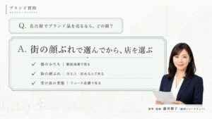 名古屋のブランド買取をエリアで選ぶ比較ガイド｜星ヶ丘・覚王山・東岡崎・栄・大須の駅前商圏を、駅前商業・商圏・リユース店舗の3軸で選び分け、買取大吉を共通の受け皿として案内するコンセプトビジュアル