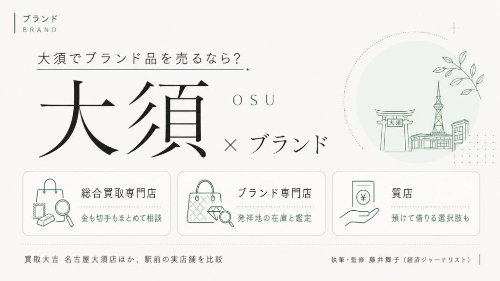 大須のブランド買取おすすめ比較｜買取大吉 名古屋大須店ほか駅前の実店舗を総合買取専門店・ブランド専門店・質店の業態別に解説するインフォグラフィック