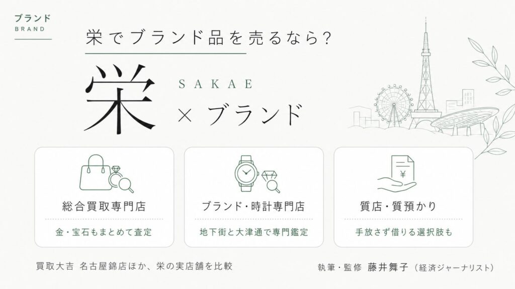 栄駅のブランド買取おすすめ比較｜買取大吉 名古屋錦店ほか栄の実店舗を、総合買取専門店・ブランド時計専門店・質店の業態別に解説するインフォグラフィック