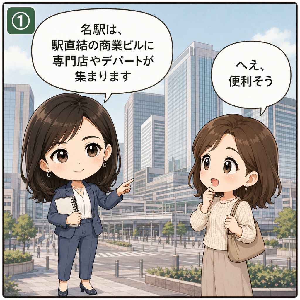 名古屋 買取 名駅エリア。専門家が「名駅は駅直結の商業ビルに専門店やデパートが集まる」と紹介し、名古屋在住の女性が関心を示す場面。背景に名駅前の高層ビル群が並ぶ（1コマ目）