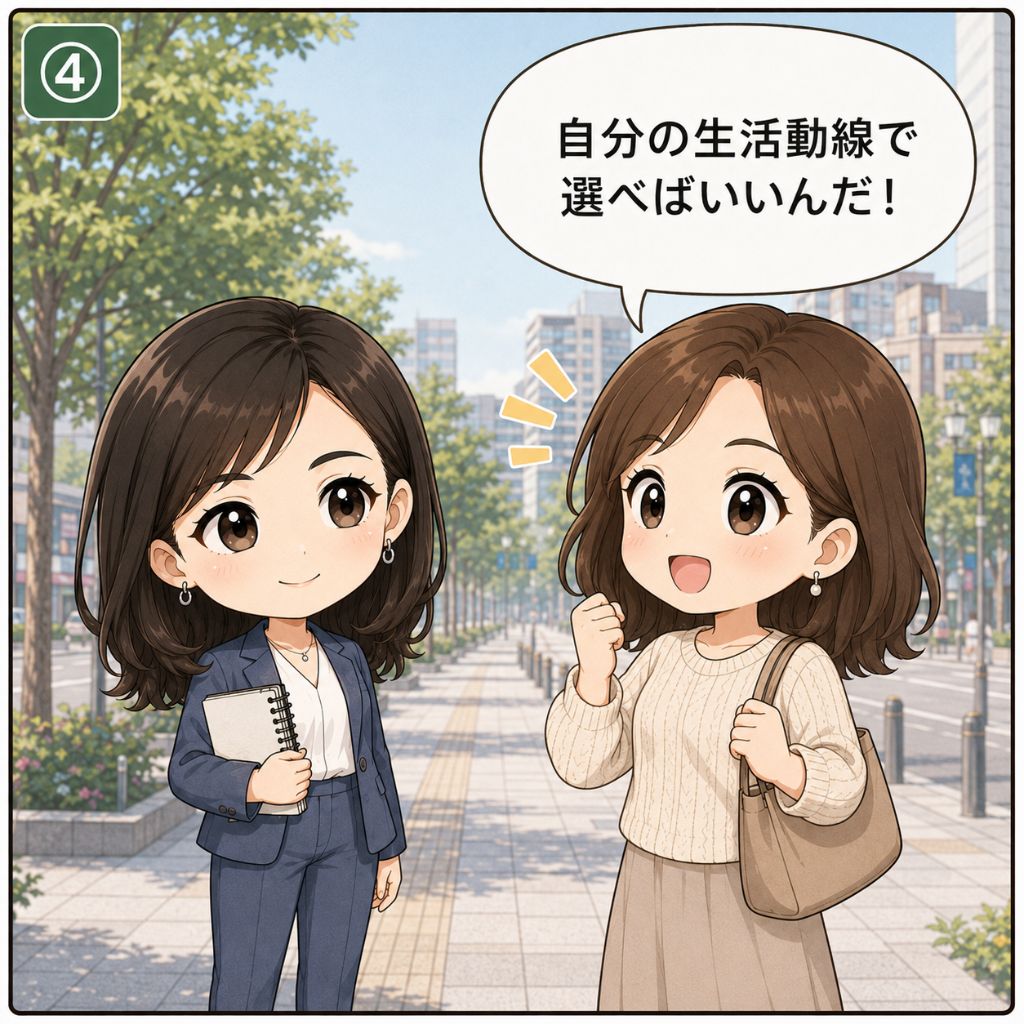 名古屋 買取 エリア別の選び方。「自分の生活動線で選べばいい」と納得して明るい表情になった女性と、隣で見守る専門家の場面。背景に街路樹の並ぶ広い大通りが広がる（4コマ目）