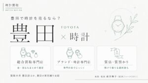 豊田の時計買取おすすめ比較｜買取大吉 豊田店ほか豊田の実店舗を総合買取専門店・ブランド/時計専門店・質店の業態別に解説するインフォグラフィック